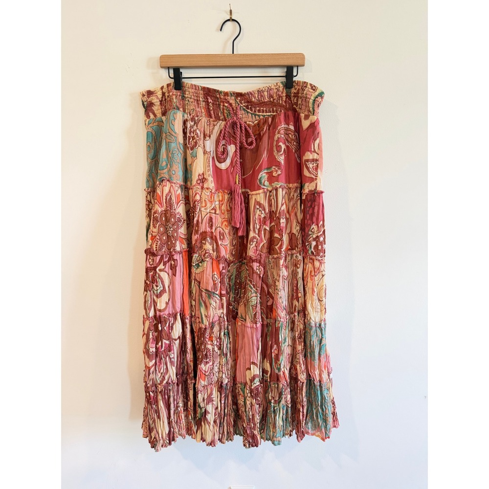 Soft Surroundings Pink Paisley Tiered Cotton Maxi Skirt 1X Boho Tassel
